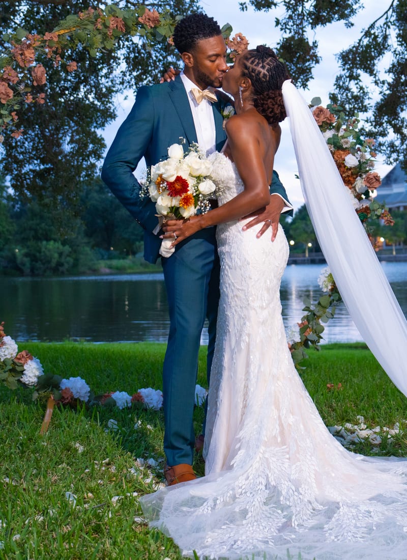 Bride in elegant wedding dress with veil